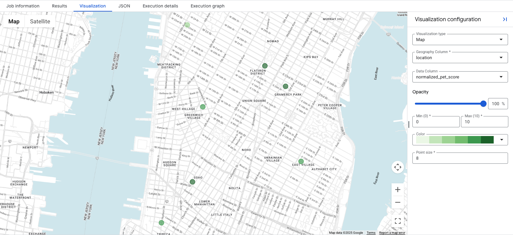 Um mapa que mostra a pontuação normalizada de animais de estimação em vários locais, em que pontos verdes mais escuros representam pontuações mais altas e favoráveis.