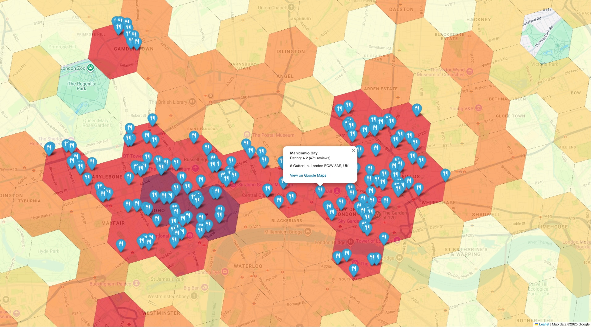 Mapa termiczna gęstości Miejsc w Londynie z nałożonymi na nią pojedynczymi znacznikami, które potwierdzają dane statystyczne.
