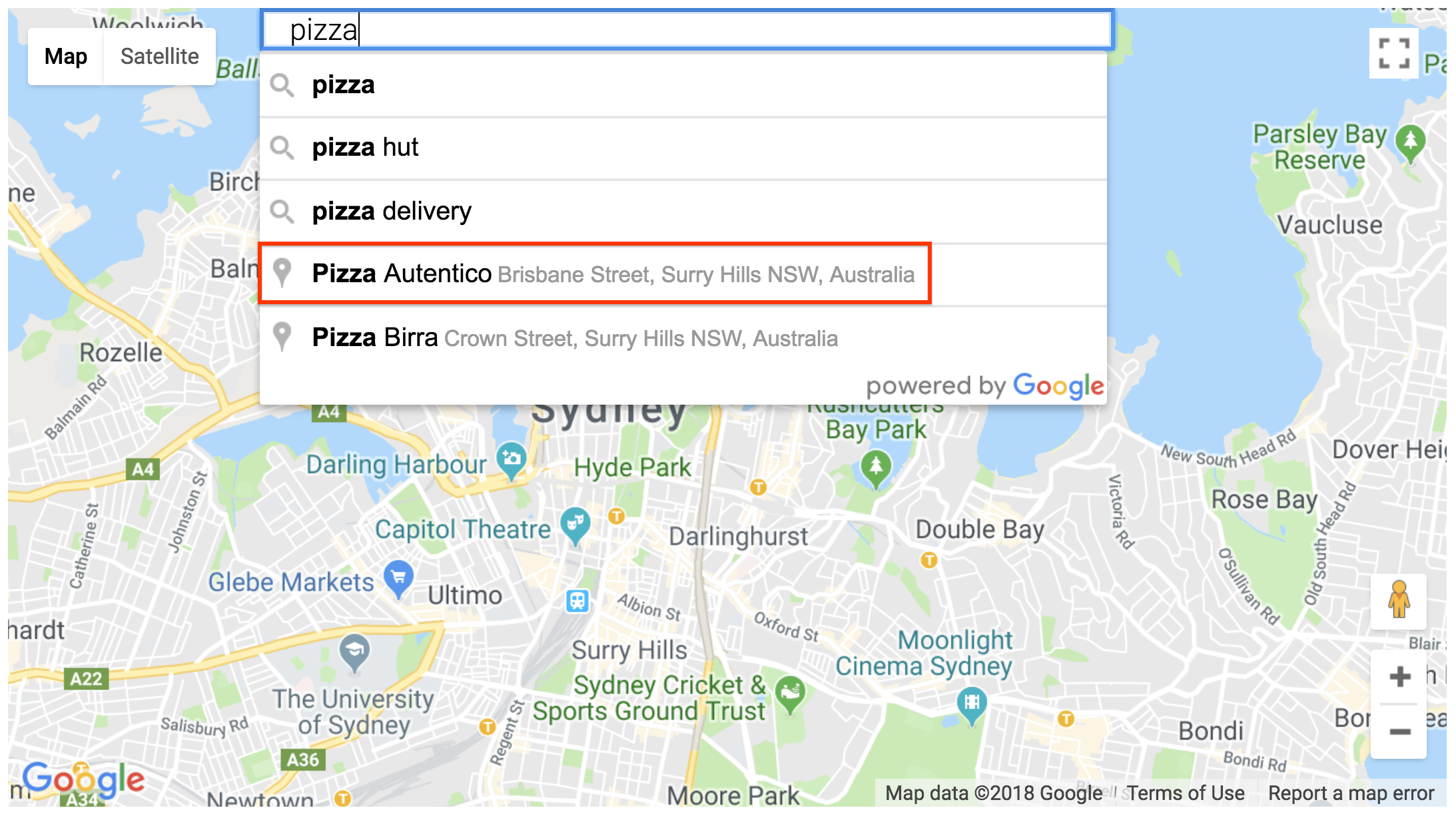 Résultat de lieu du widget Places Details SearchBox