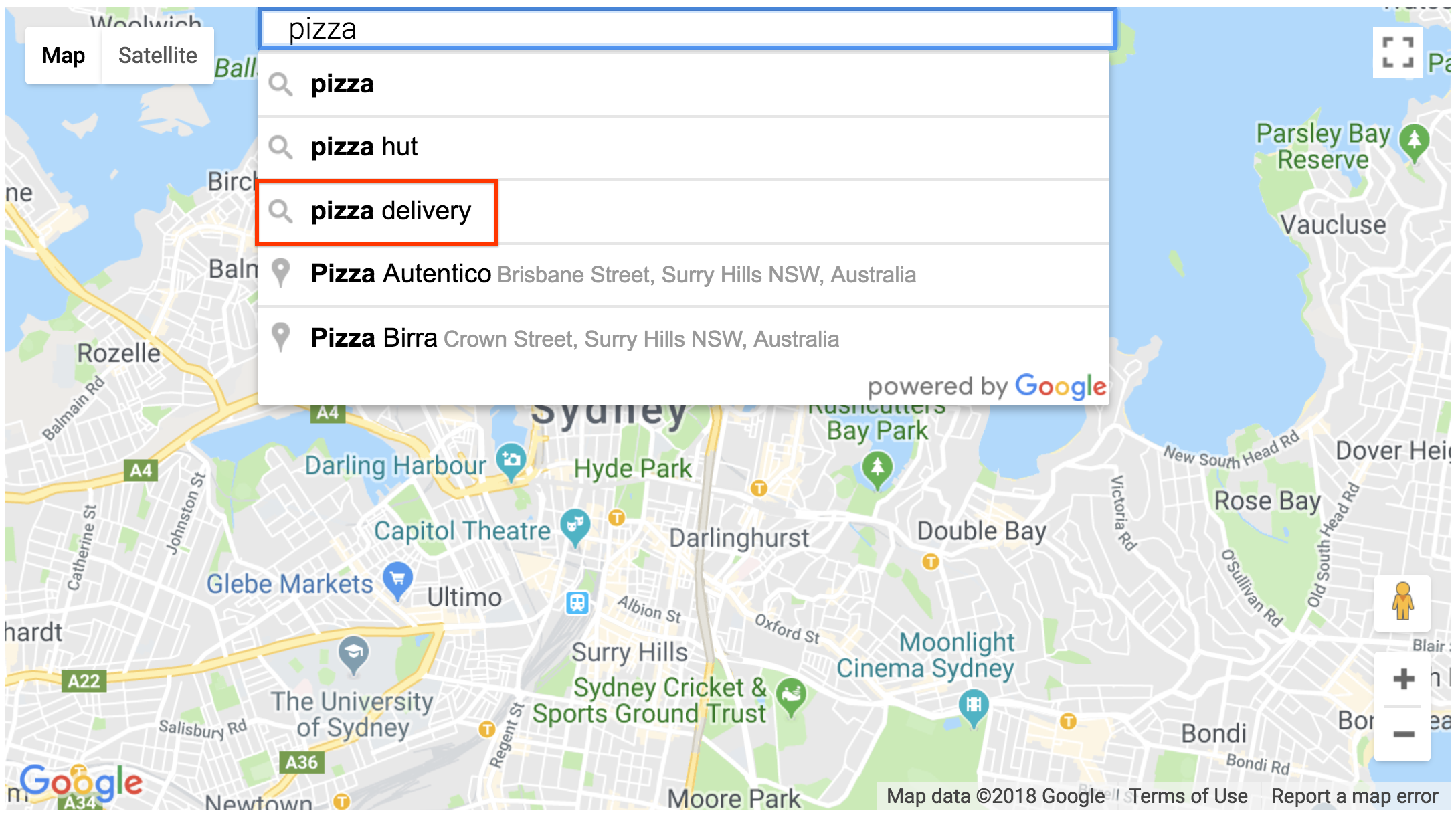 Widget „Places Search Box“ – Abfrageauswahl