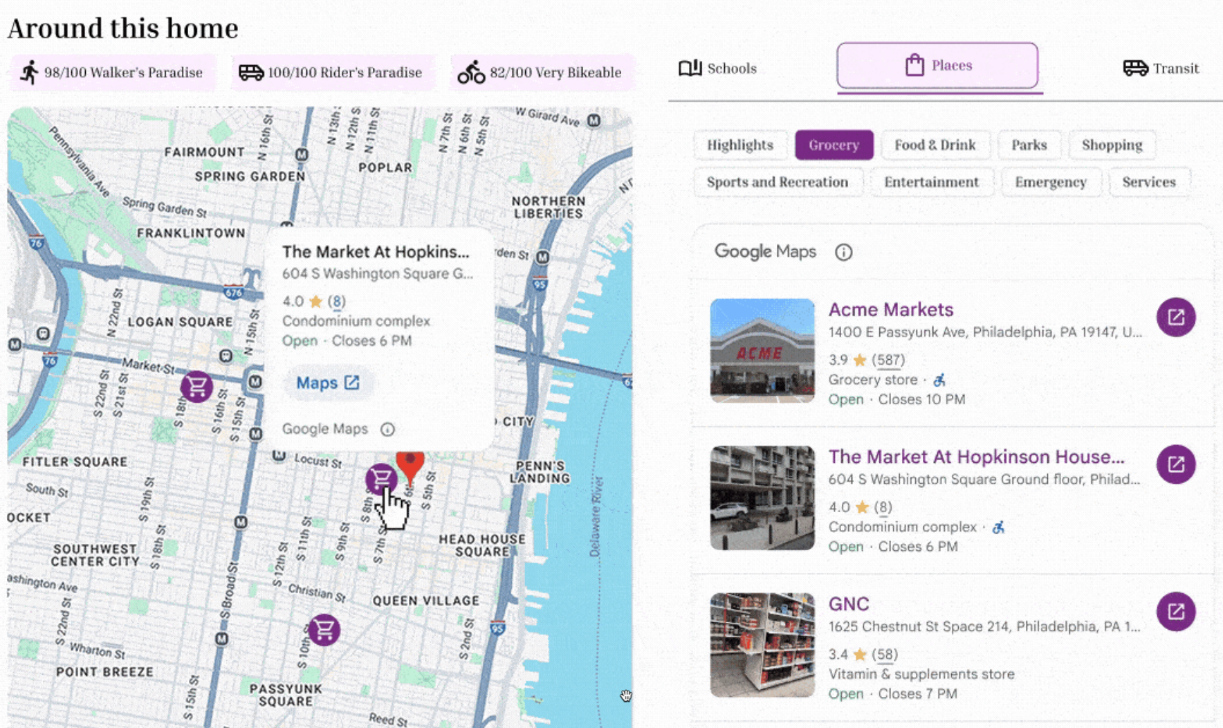 地圖旁邊的地點清單。選取一個標記，地圖上會顯示該標記的詳細資料。