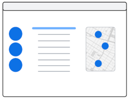 A map with a list blue dots separated by text, with a map with blue dots on the other side of the text.