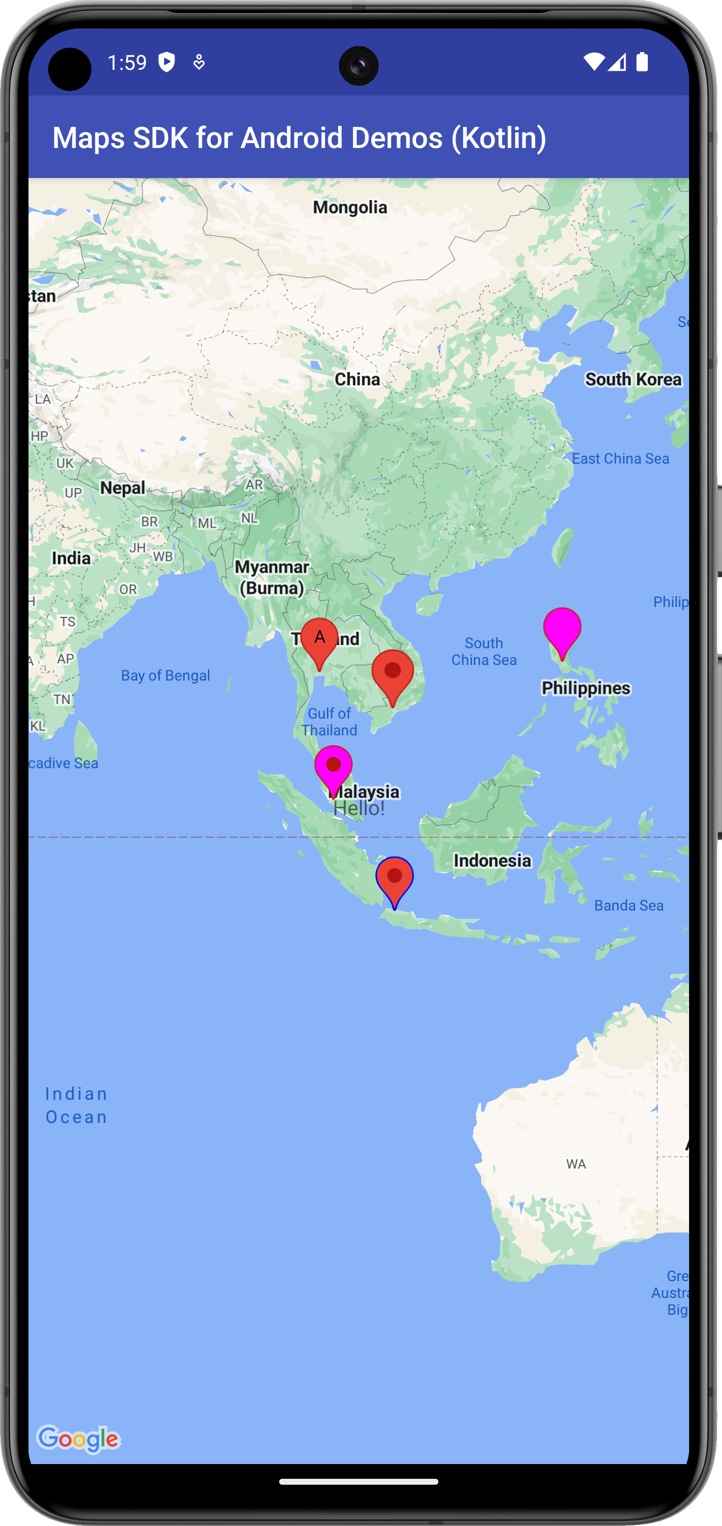 A map with several markers