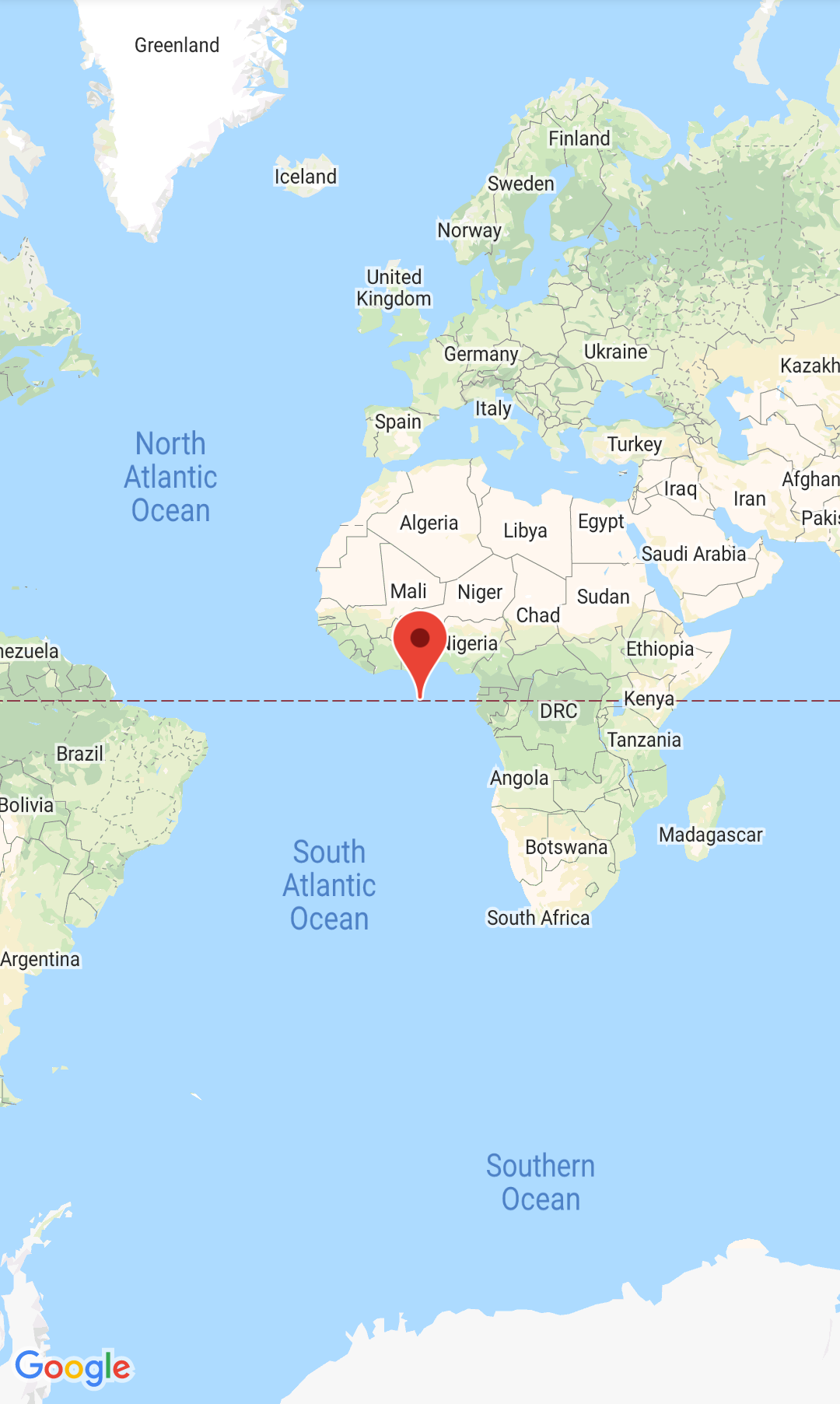 Скриншот с картой, центрированной по координатам острова Ноль, и маркером.