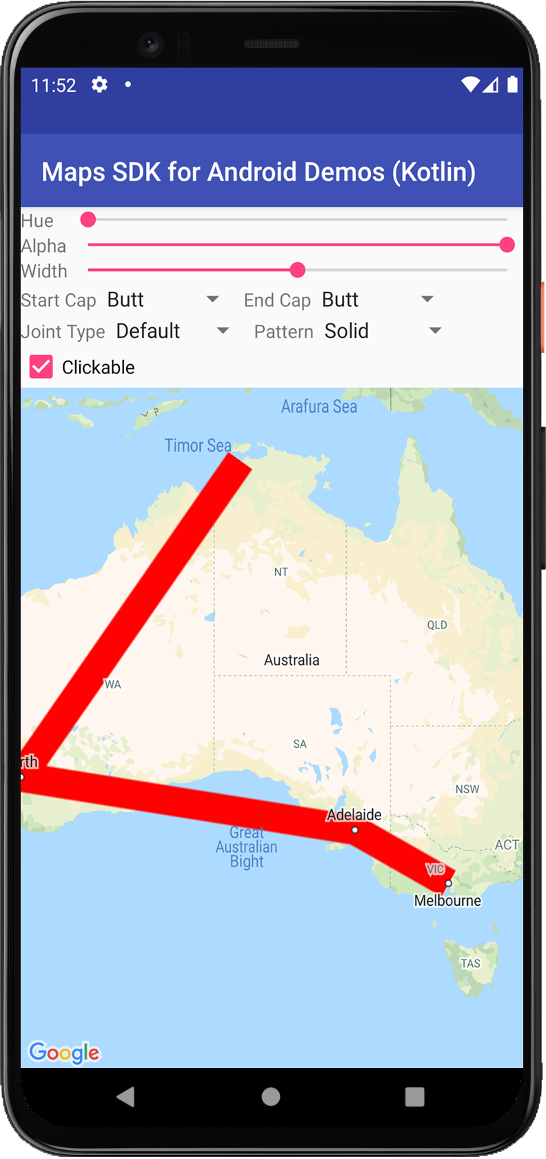 赤いポリラインを表示した地図