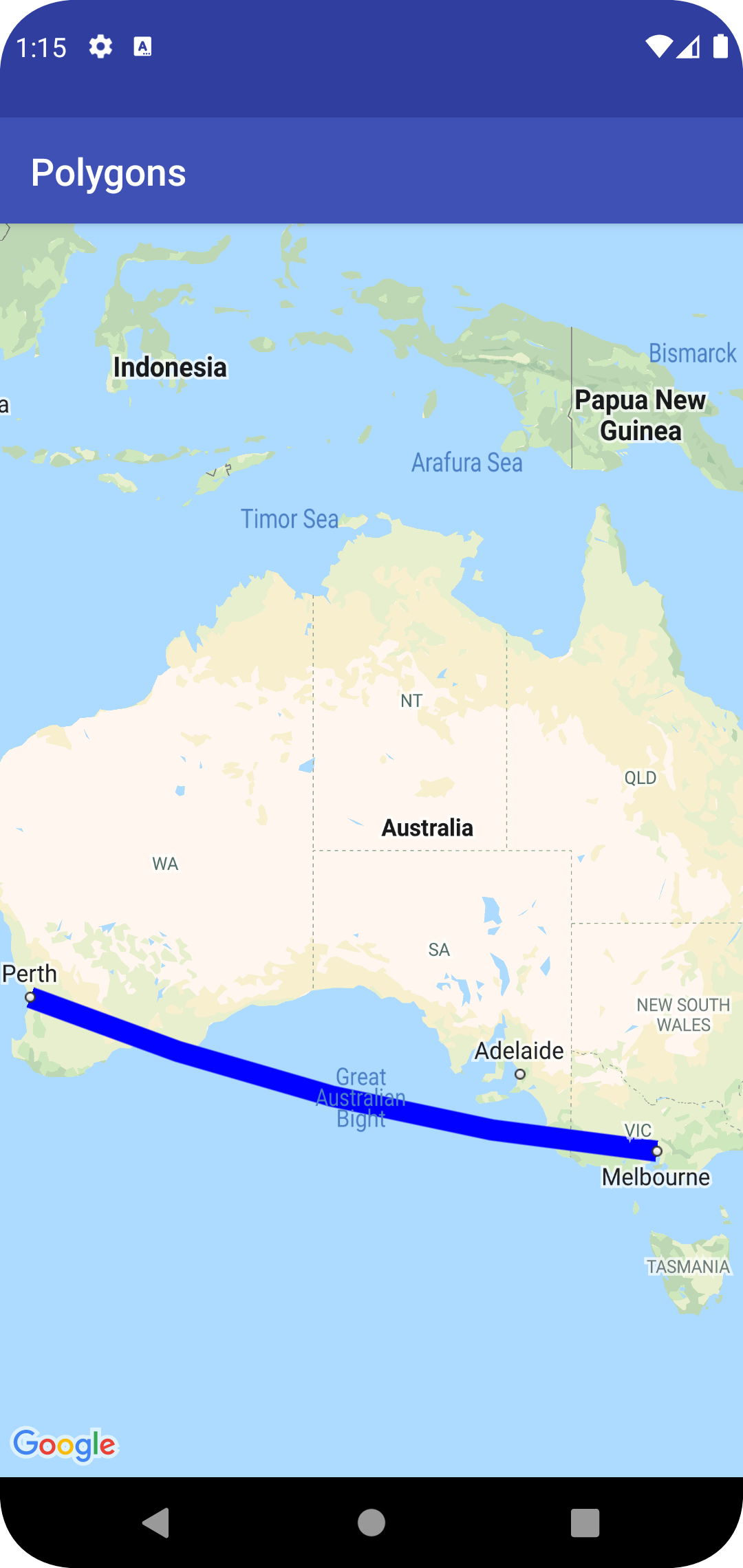 Map with a polyline from Melbourne to Perth