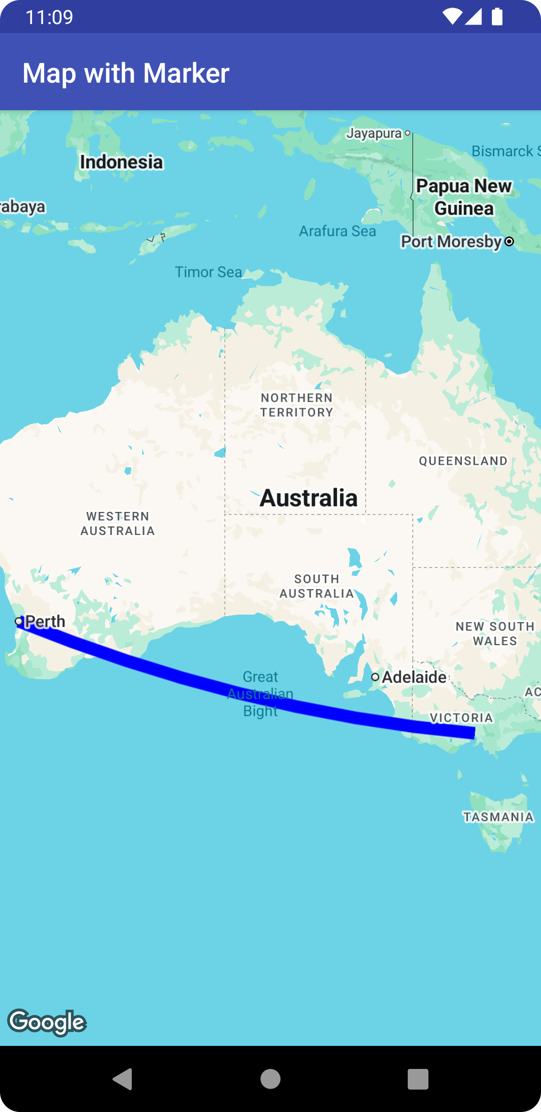 Bản đồ có một đường nhiều đoạn từ Melbourne đến Perth