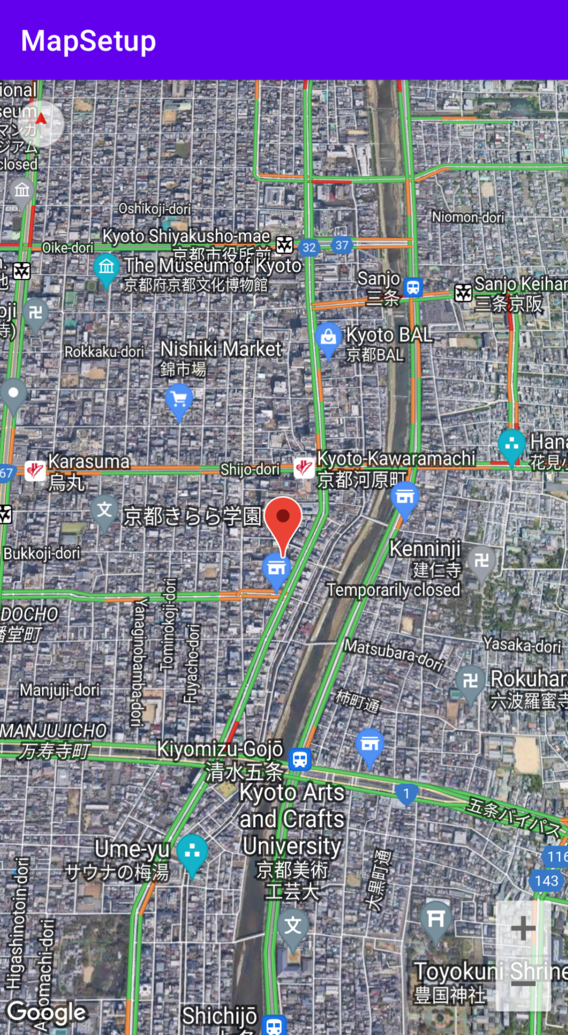 মানচিত্র সেটিংস কনফিগার করা সহ কিয়োটোর একটি মানচিত্র।