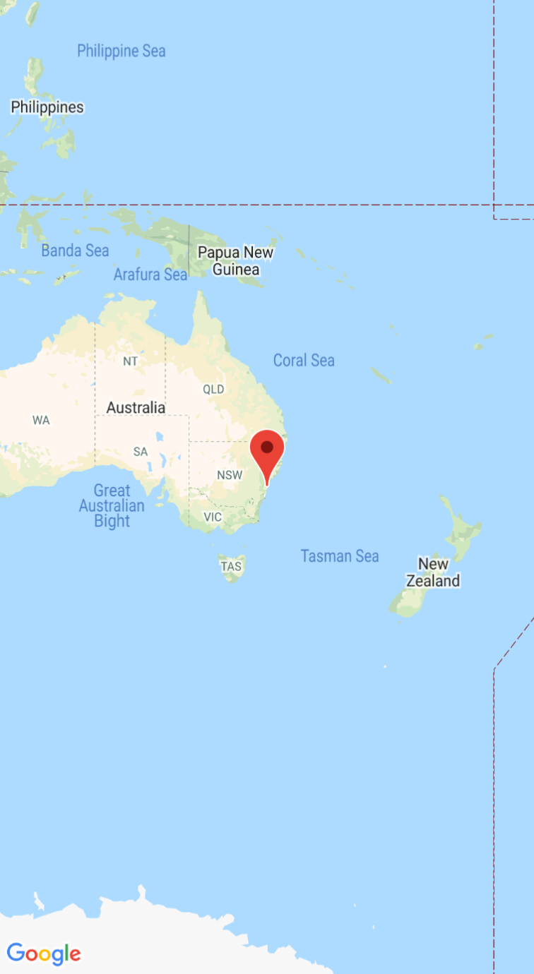 Screenshot con mappa e indicatore centrato su Syndney Australia.