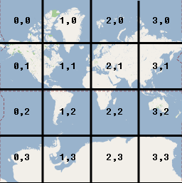 Карта мира, разделенная на четыре сектора по горизонтали и четыре по вертикали.