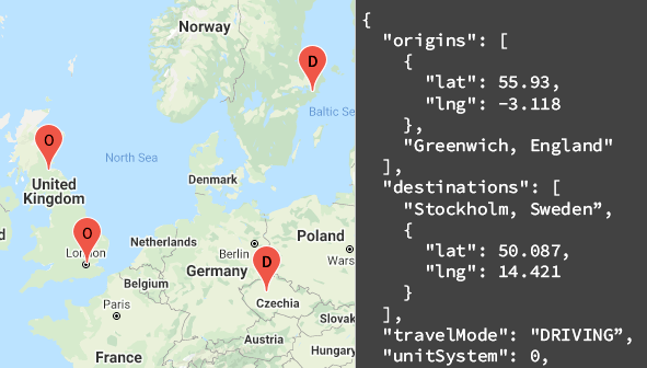 地図と API レスポンスの出発地と目的地を示す地図