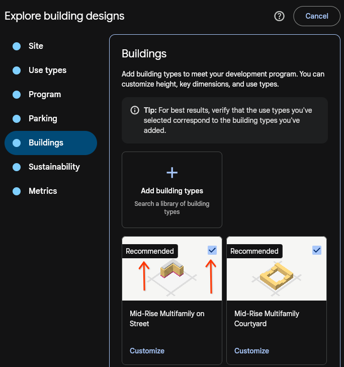 Automatic building recommendations based on selected use types