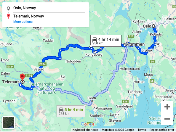 The embedded map showing the path between Oslo and Telemark, Norway.