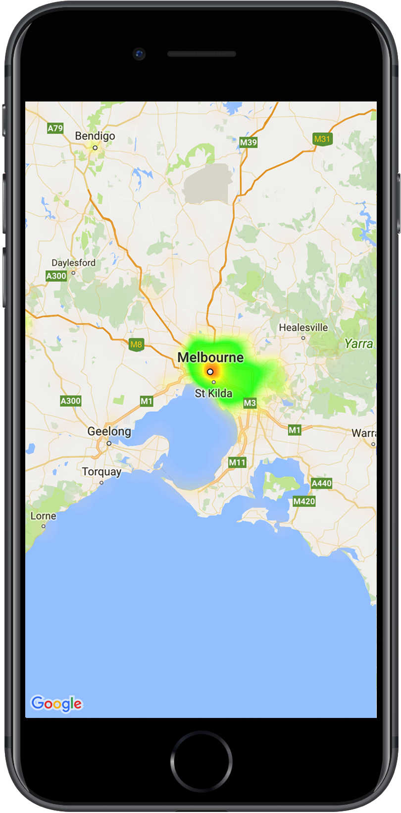 แผนที่ที่มีแผนที่ความหนาแน่นแสดงตำแหน่งของสถานีตำรวจ