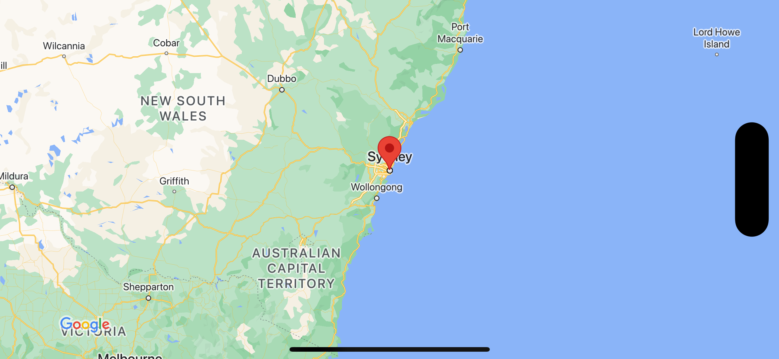 اسکرین شات که نقشه ای را با نشانگر بر فراز سیدنی نشان می دهد