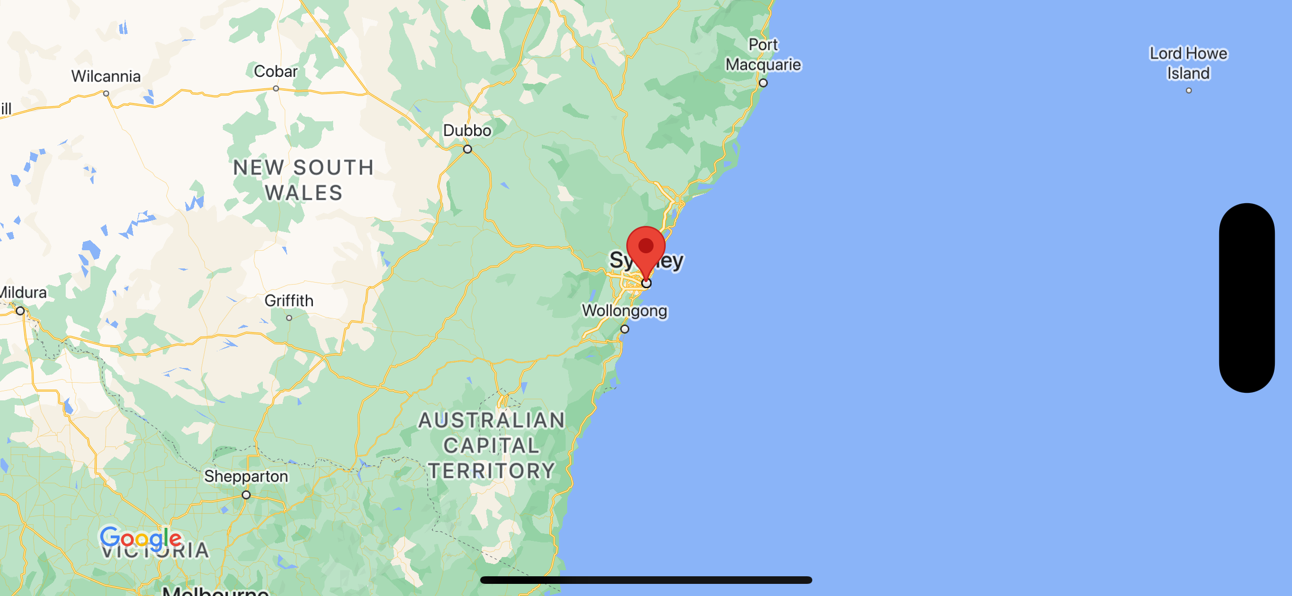 一张屏幕截图，显示了地图上位于悉尼上方的标记