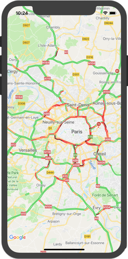Um mapa do Google mostrando
a camada de trânsito