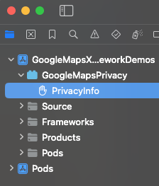 Zrzut ekranu z informacjami o ochronie prywatności w Xcode