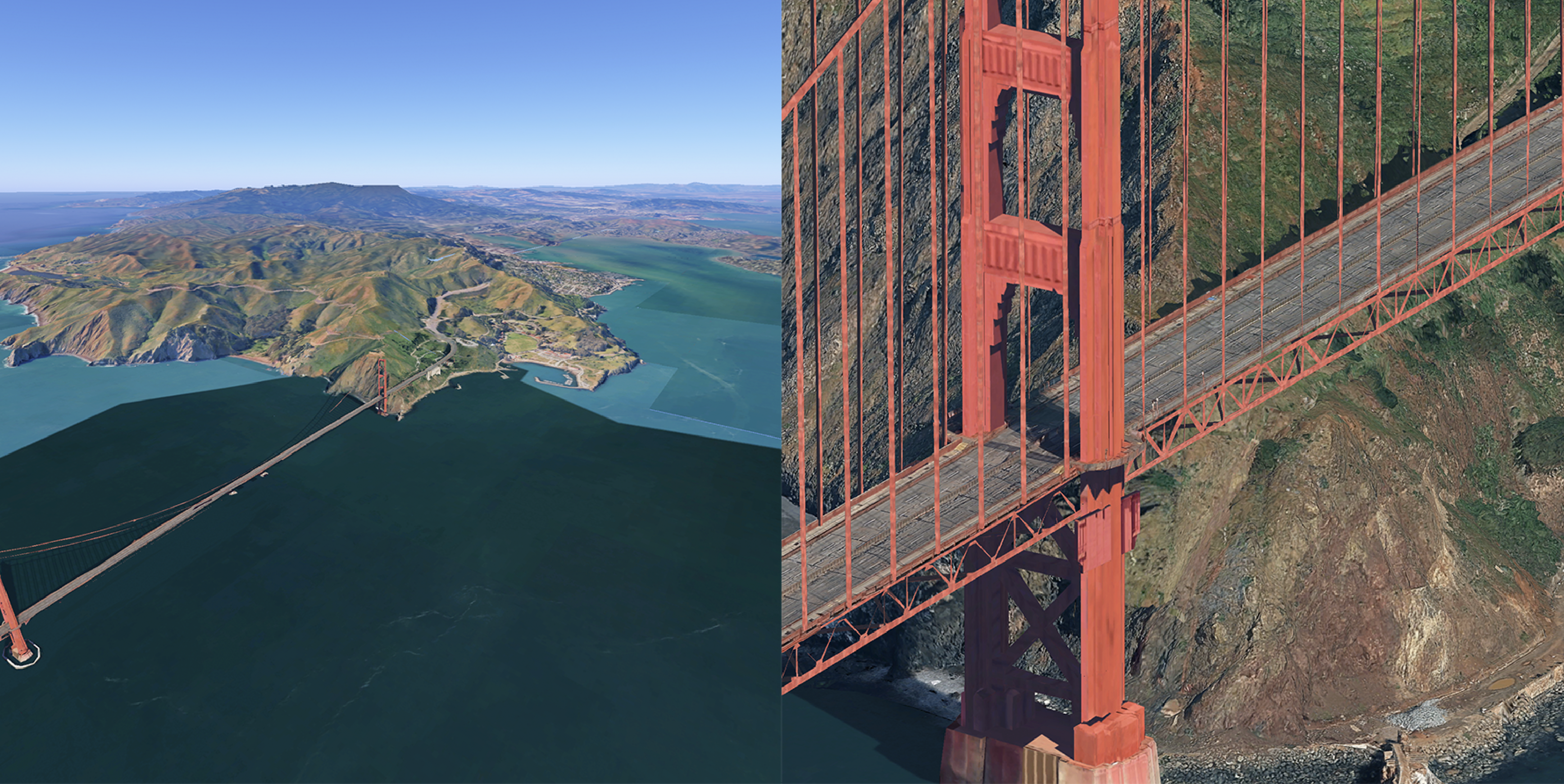 A side-by-side comparison of two 3D aerial renderings of the Golden Gate
Bridge. The left side shows a wide bird's-eye view of the entire bridge span and
the Marin Headlands. The right side shows an extreme close-up of a red
suspension tower and the bridge deck at a steep downward
angle.