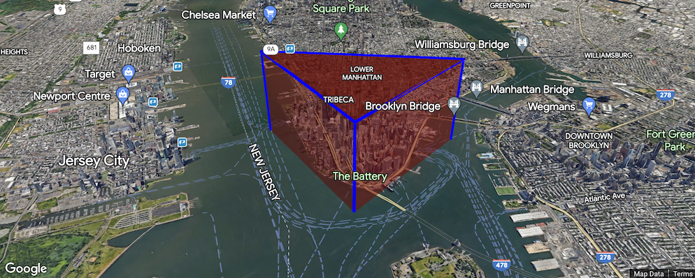 Triangular red prism with blue edges around lower Manhattan with an altitude of 1000 meters
