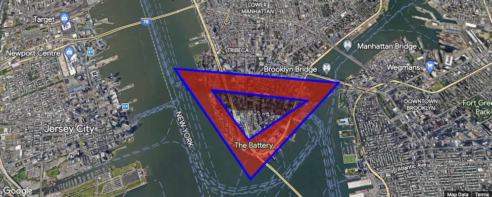Triangular red polygon with a hole in the middle and blue edges around lower Manhattan