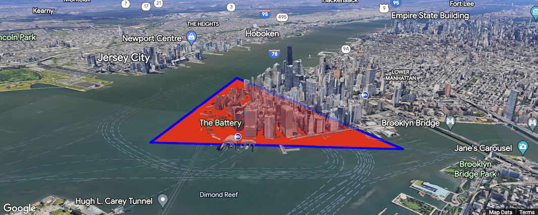 Triangular red polygon with blue edges around lower Manhattan