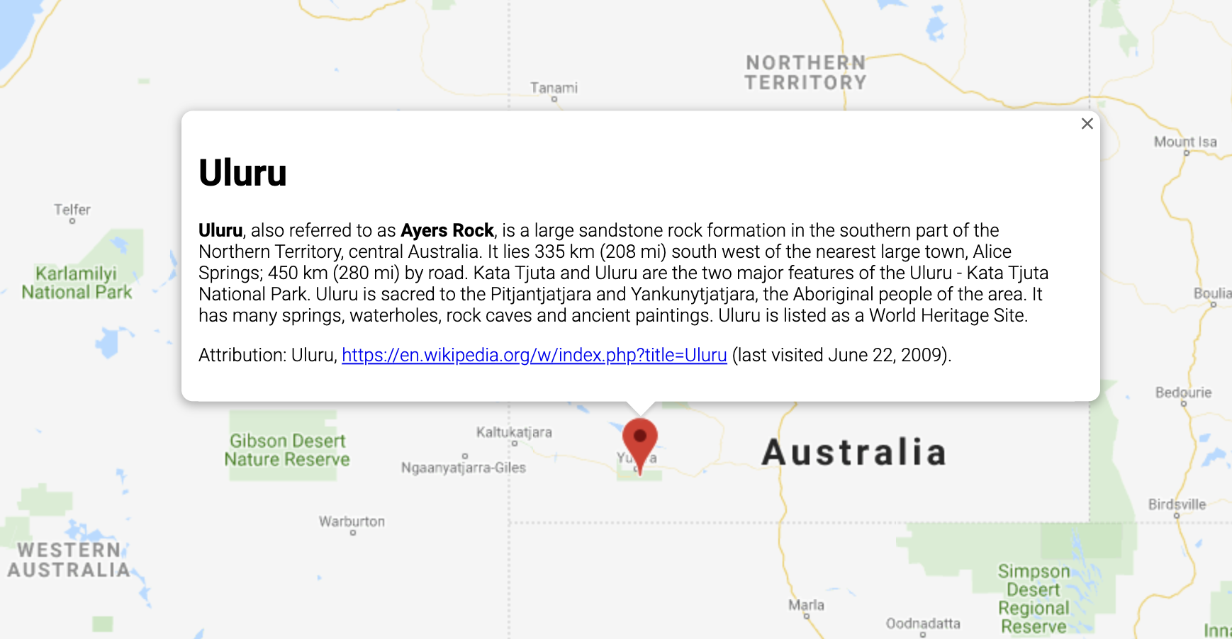 An InfoWindow displaying information about a location in Australia.