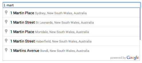 An autocomplete text field, and the pick list of place
    predictions supplied as the user enters the search query.