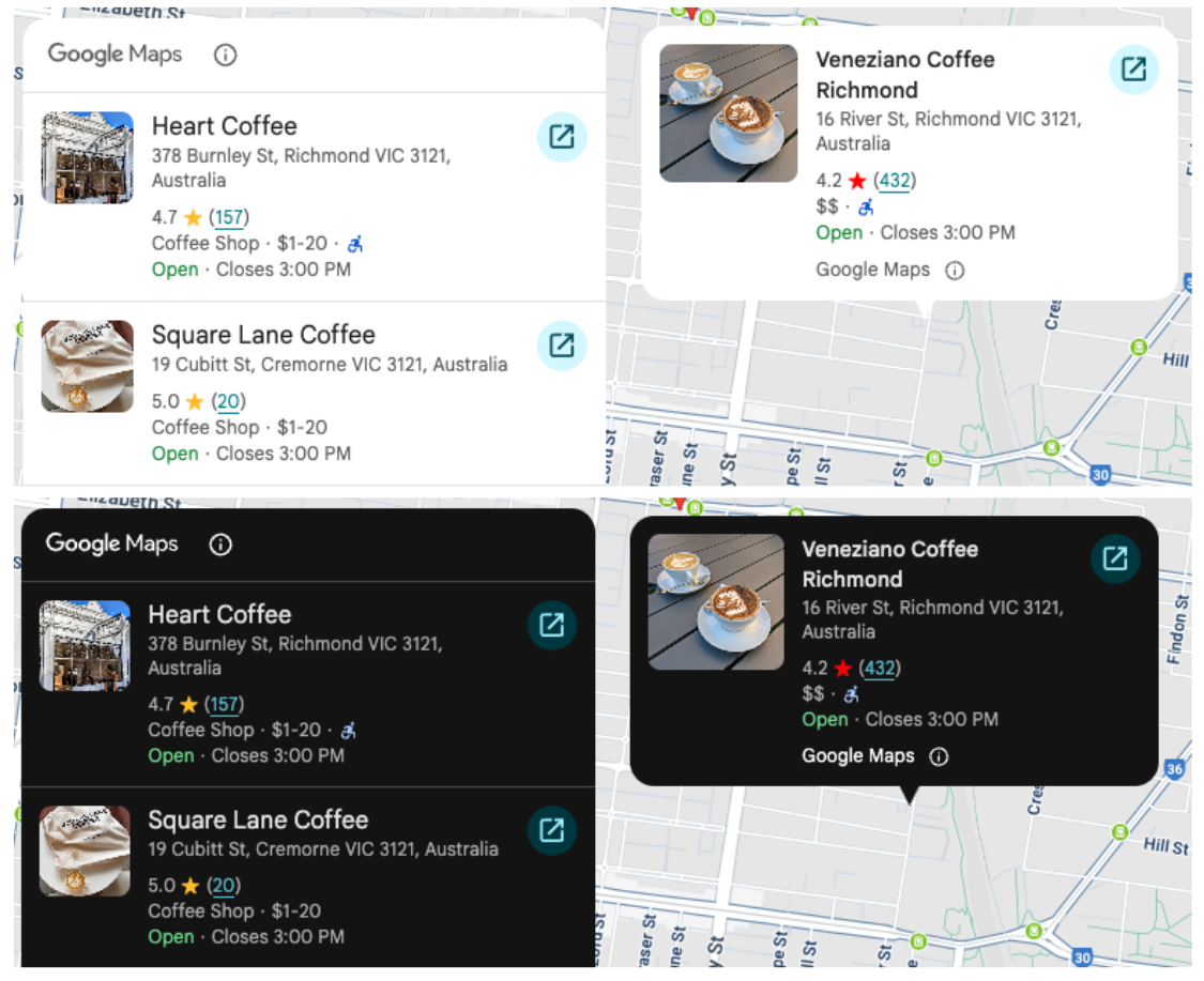 عناصر حزمة أدوات Places UI Kit في الوضعَين الفاتح والداكن