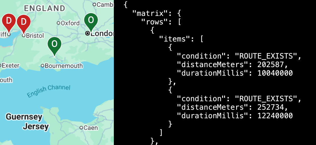 Matrice des distances sur une carte.