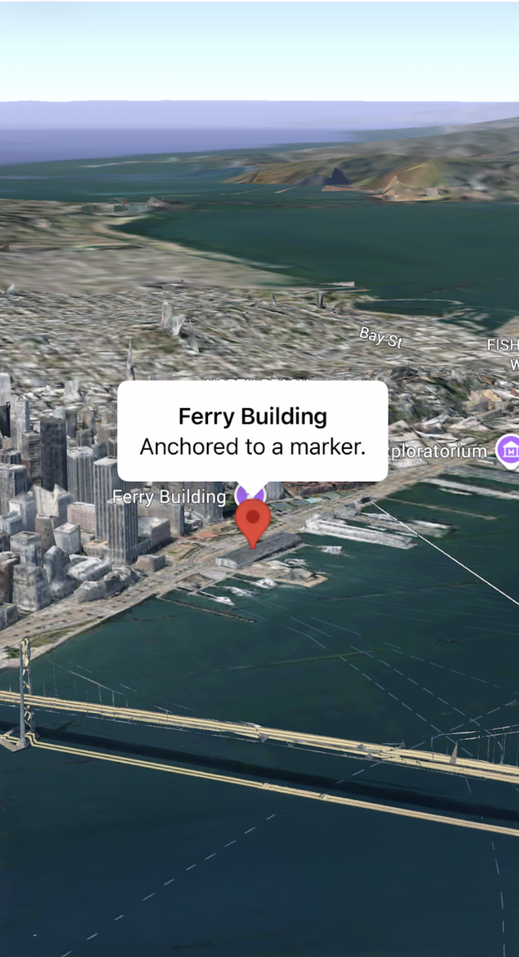 خريطة لمدينة سان فرانسيسكو مع علامة ونافذة منبثقة فوق مبنى Ferry Building