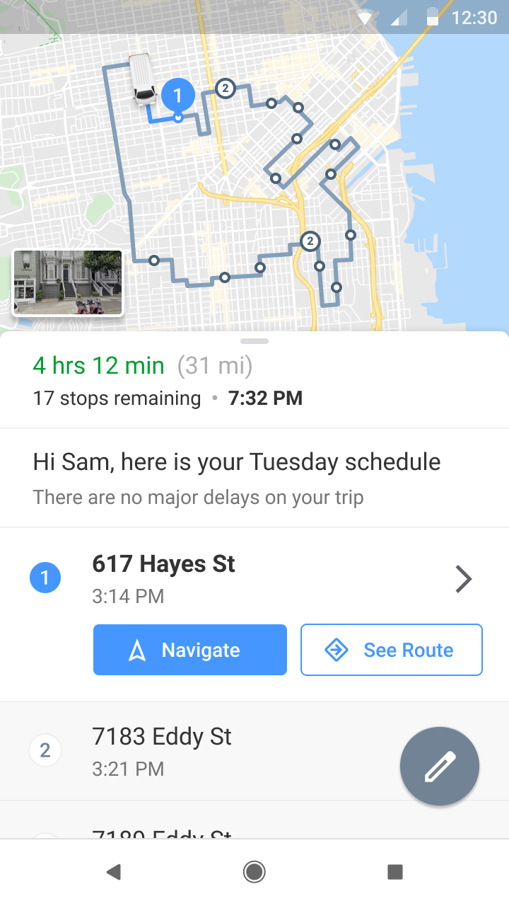 螢幕截圖：Google 地圖顯示含有多個停靠站的路線