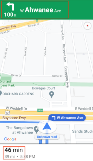 Una pantalla de un dispositivo móvil que muestra un próximo giro a la izquierda en 30 metros hacia W Ahwanee Ave. En la parte inferior de la pantalla, el tiempo restante hasta el destino es de 46 minutos, y la distancia restante es de 59 millas.