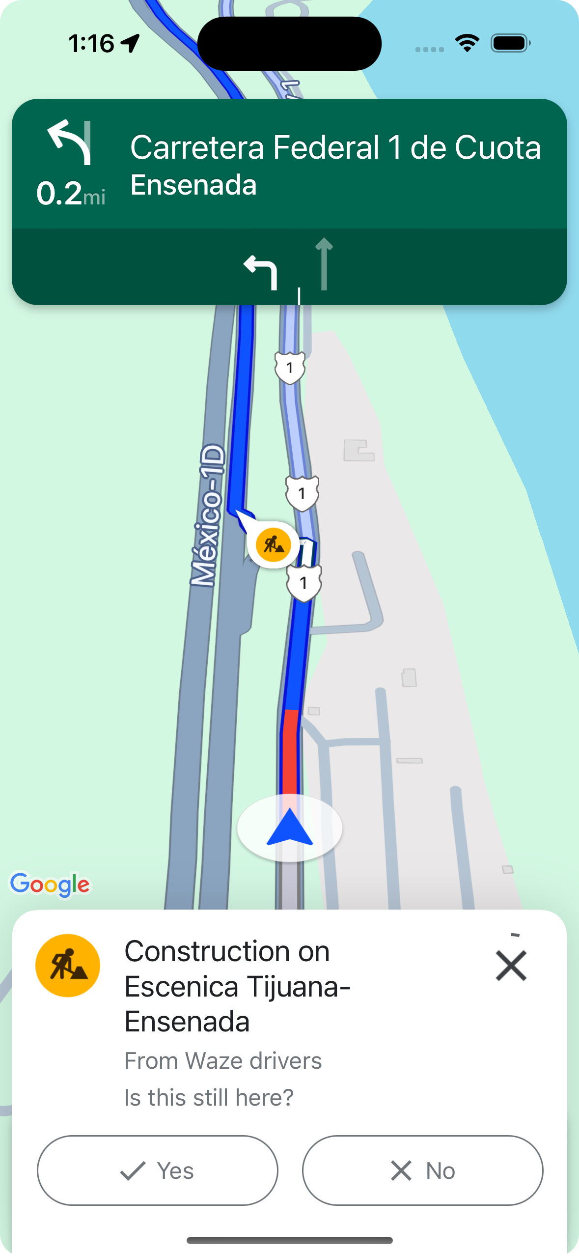 Card de informações de navegação ativa