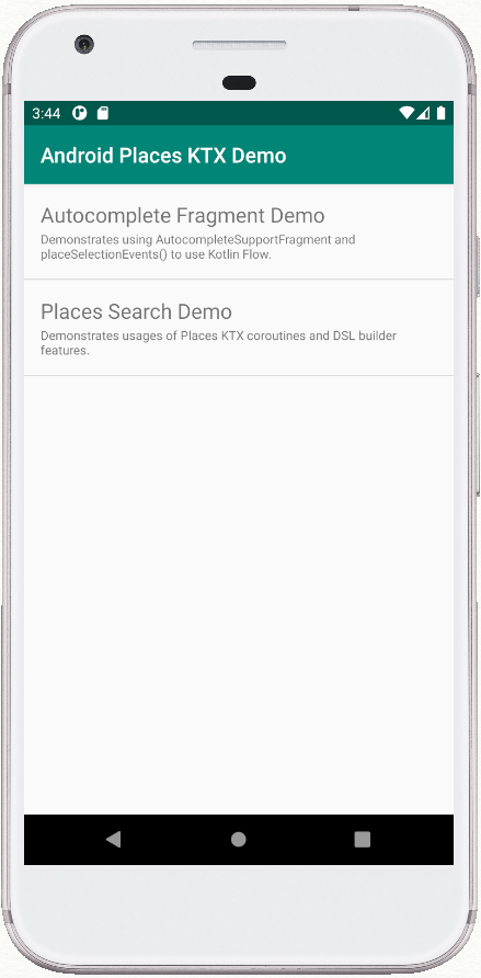 Primera pantalla de la app de ejemplo de Places KTX, en la que se muestran tus opciones