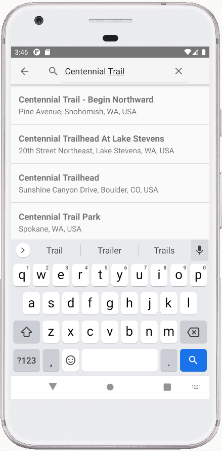 Tela do app de demonstração do Places Search