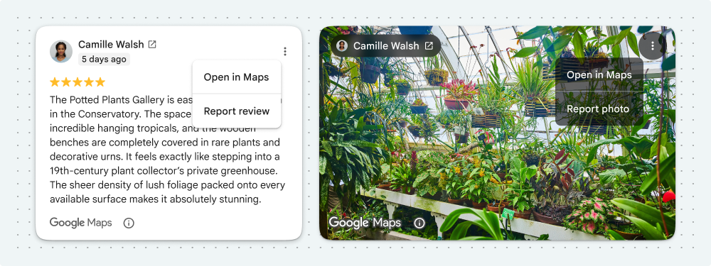 قائمة عمودية تتضمّن روابط للاطّلاع على الصورة المصدر أو المراجعة على "خرائط Google"
