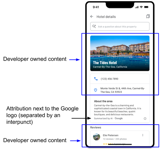 For summary displayed in isolation, include generative AI attribution and
  Google attribution separated by an interpunct.