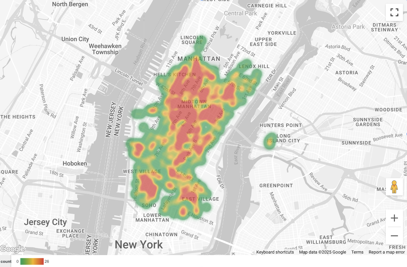 Resultados de la búsqueda que se muestran como un mapa coroplético y un mapa de calor.