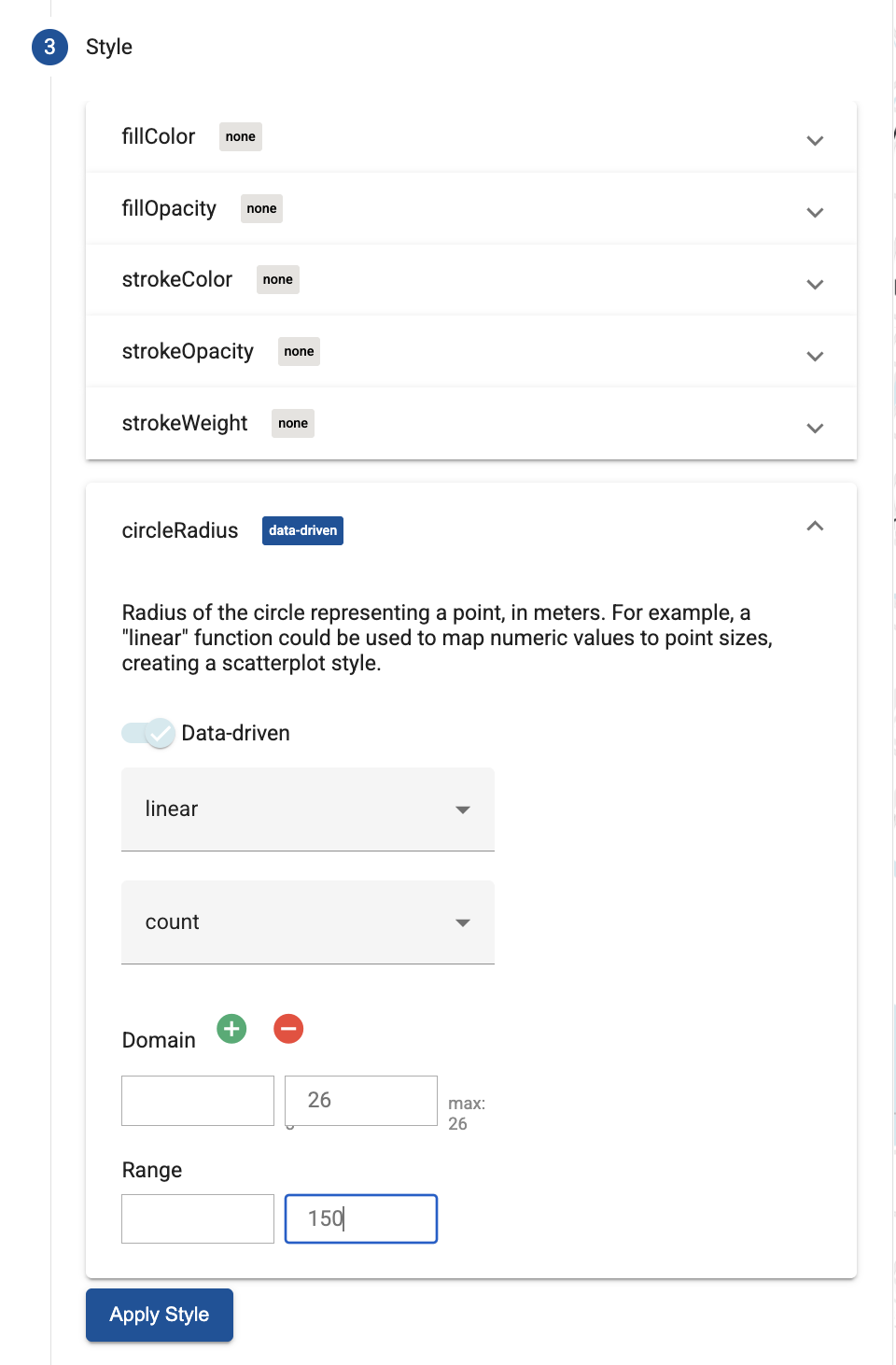 Geo Viz で塗り分けマップとして表示されたクエリ結果。