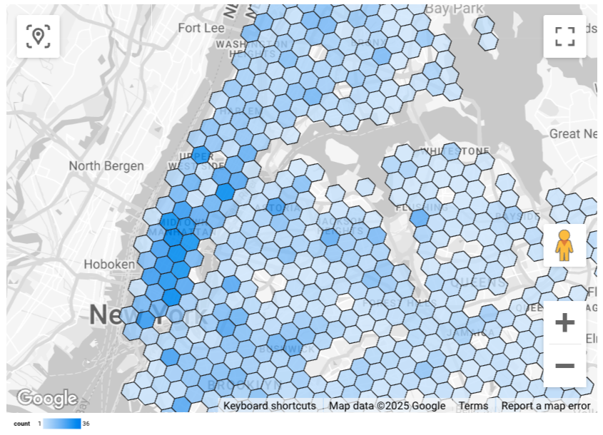 Carte remplie permettant de filtrer les épiceries et les magasins de proximité accessibles en fauteuil roulant à New York.