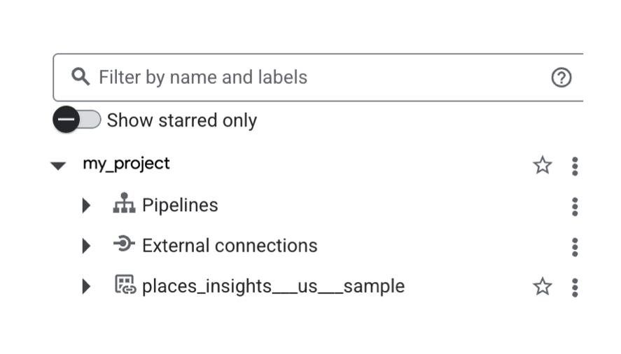 BigQuery の [エクスプローラ] パネルに表示されたニューヨーク市のリスト。