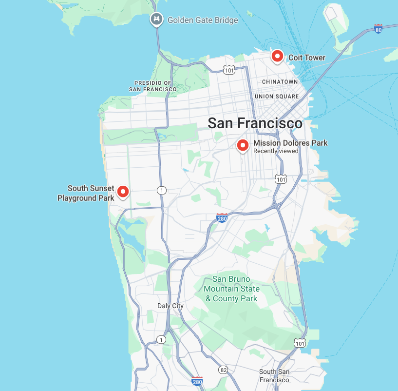Peta San Francisco dengan pin untuk Coit Tower, Mission Dolores Park, dan South Sunset Playground Park