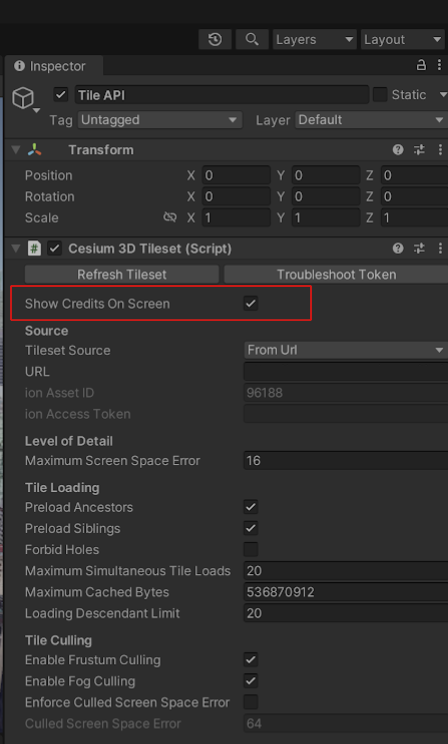 Как включить атрибуцию для Cesium в Unity