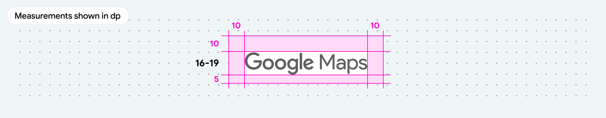 โลโก้ Google Maps แสดงพื้นที่ว่างขั้นต่ำและช่วงขนาดที่ยอมรับได้