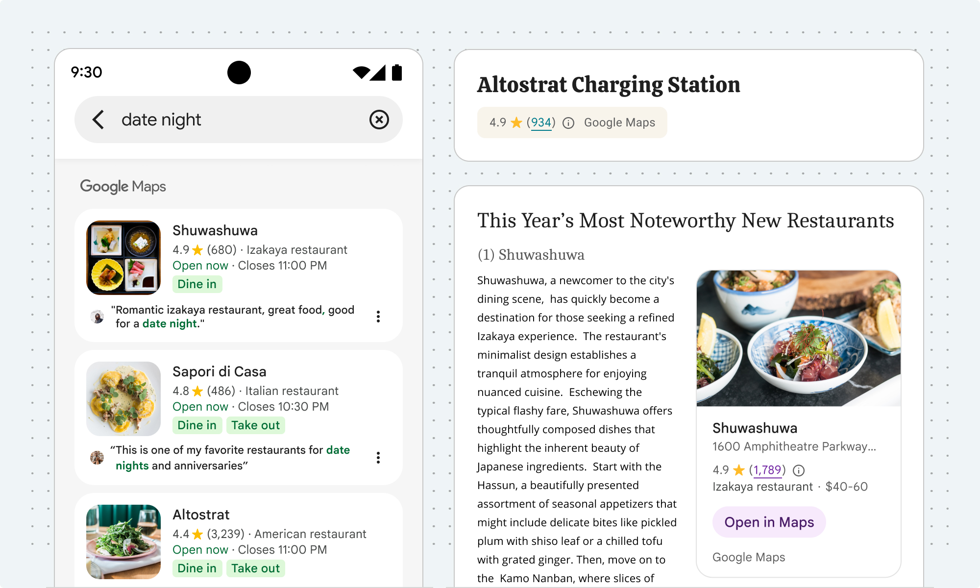 Exemple d'attribution Google Maps positionnée en haut, en bas et sur le côté du contenu