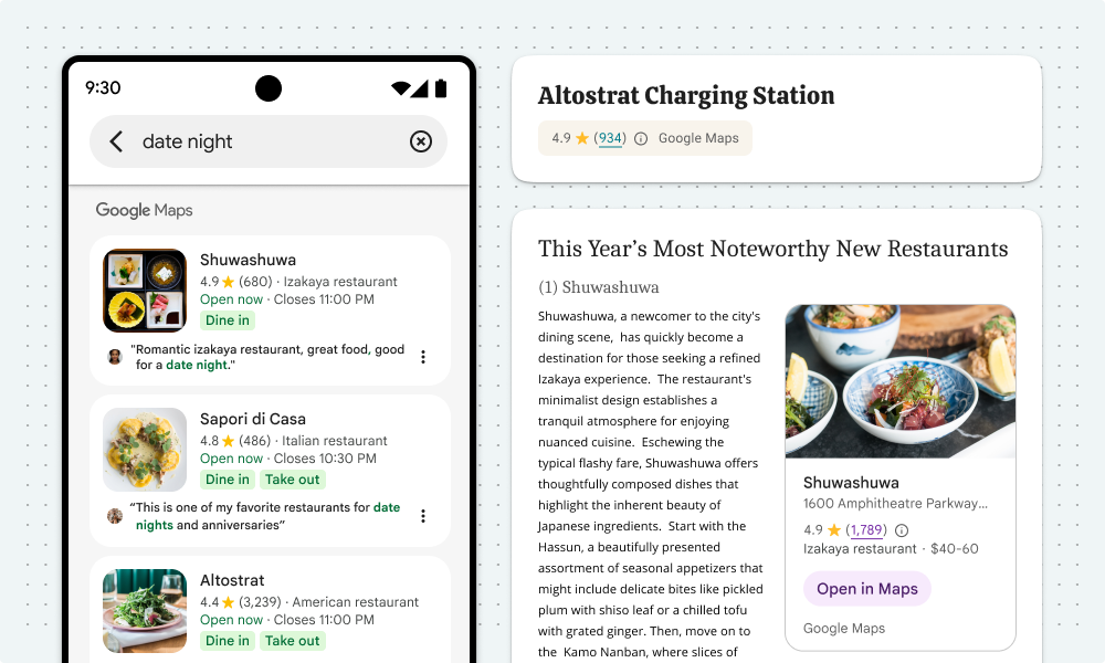 Example of Google Maps attribution positioned at the top, at the bottom, and to the side of the content