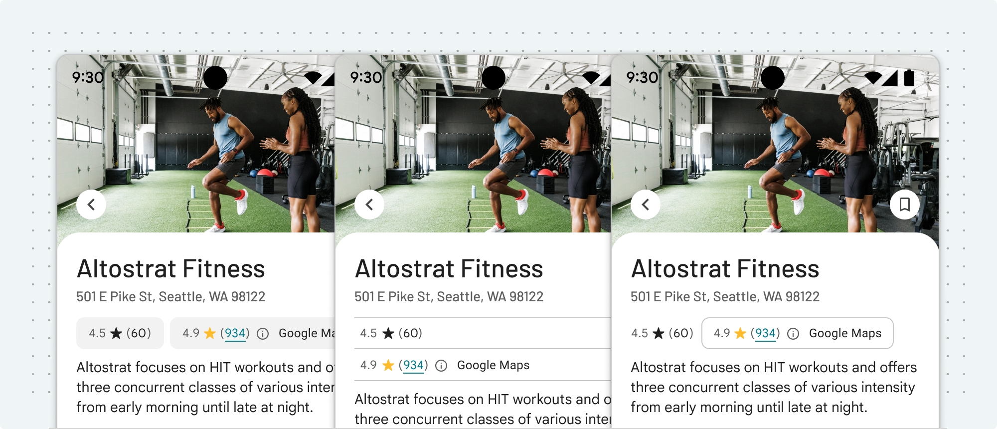 Exemple de trois approches pour différencier le contenu Google Maps (la note de l'établissement) des autres contenus