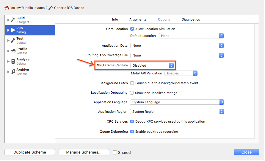 האפשרות Xcode GPU Frame Capture (לכידת פריימים של GPU ב-Xcode) בדף Generic iOS device (מכשיר iOS כללי)