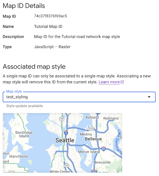 Screenshot showing the details page for a single map ID, including the dropdown field that lets users associate a map style with this Map ID.